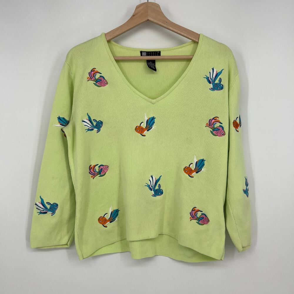 Vintage Carole Little Fish Sweater Womens Large Green V Neck Pullover FLAW READ